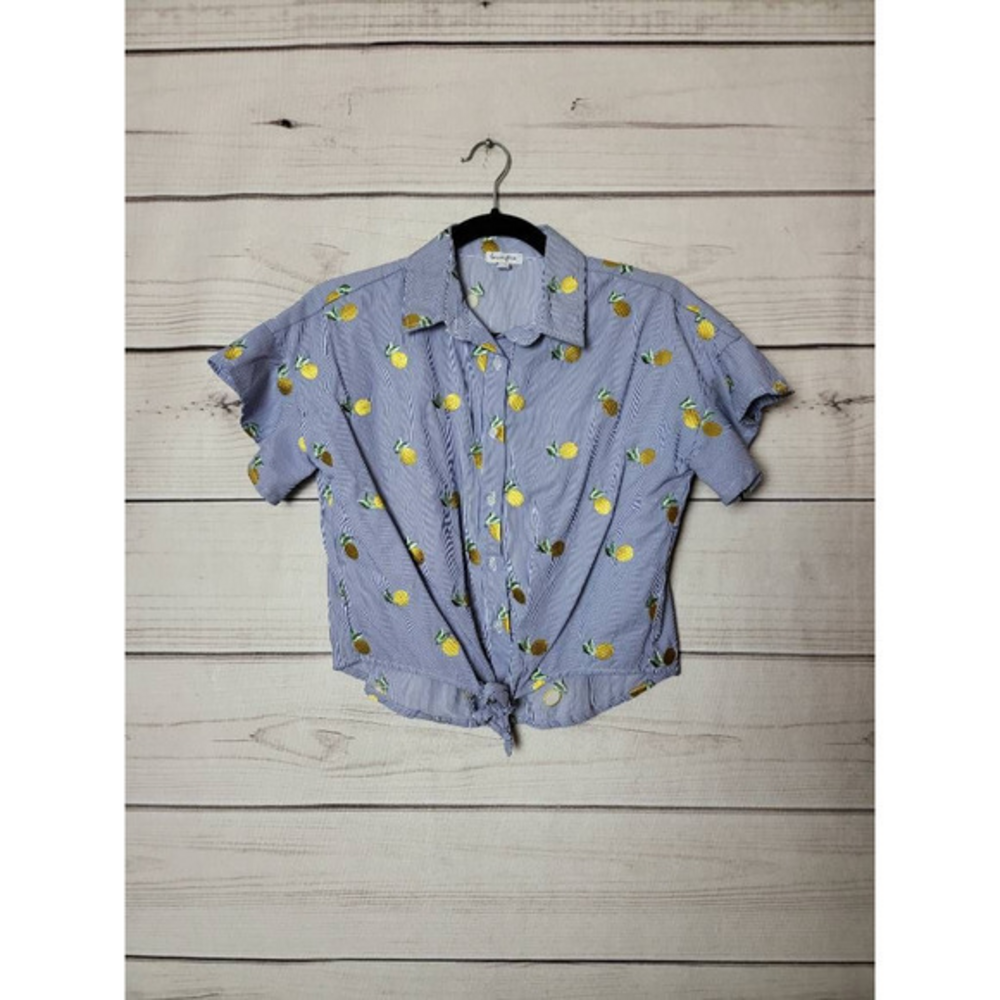Love, Fire Women Pineapple Casual Top Blue Short Sleeve Tye Front Small‎